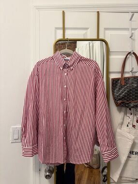 Women's Red and White Striped Button-Down Shirt - Classic Collared Top